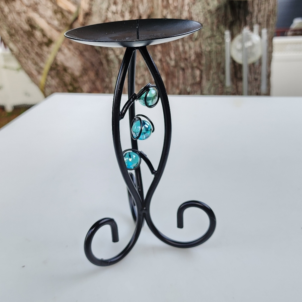 Pillar‎ Wrought Iron Candle Holder With Blue Crystals